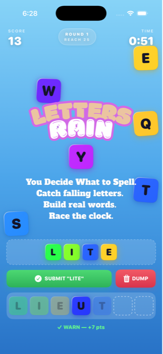 Letterain gameplay — catch falling letters and build the word LITE