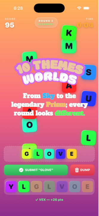Letterain themed rounds — 10 worlds from Sky to Prism
