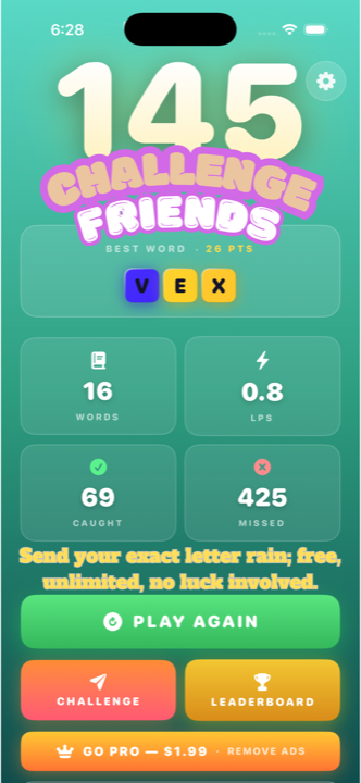 Letterain results screen — stats, best word, and challenge a friend