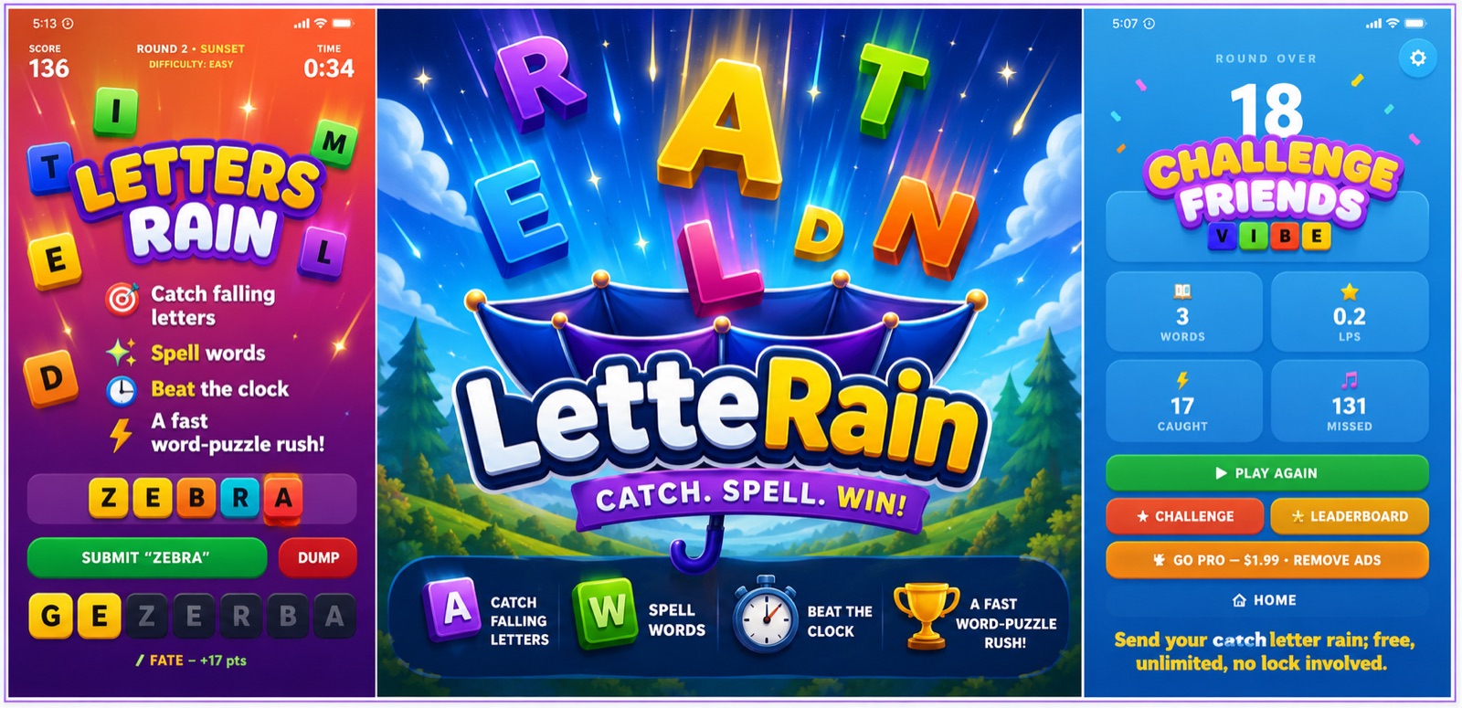 Letterain — catch falling letters, spell words, and beat the clock in a fast word-puzzle rush.